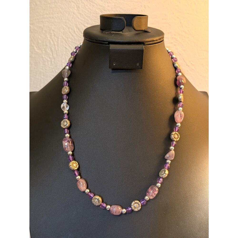 Amethyst Purple & Silver Flower Bead Necklace 19.5"-22" Necklace